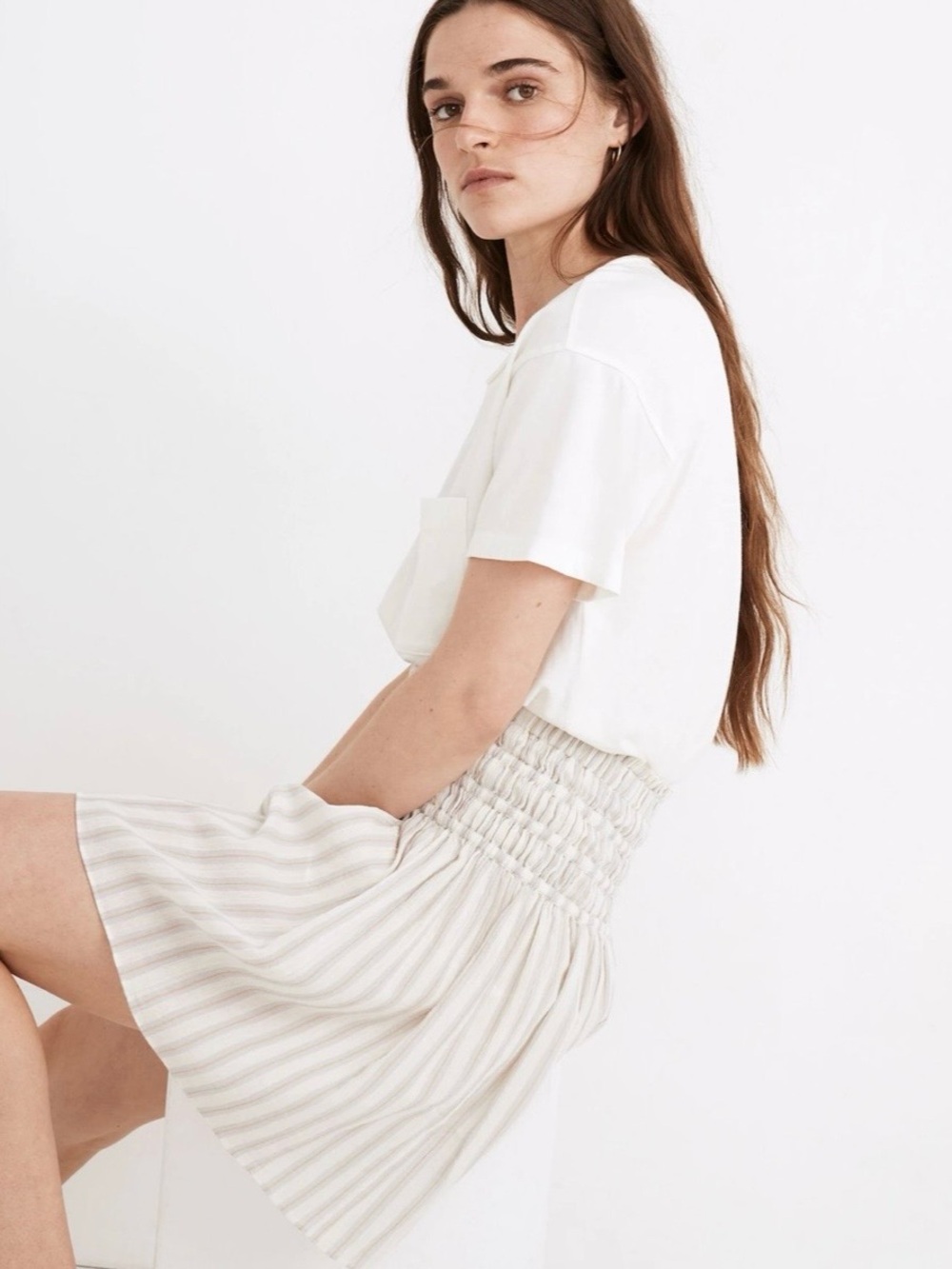 Madewell striped smocked pull-on mini skirt in beige and cream size XS